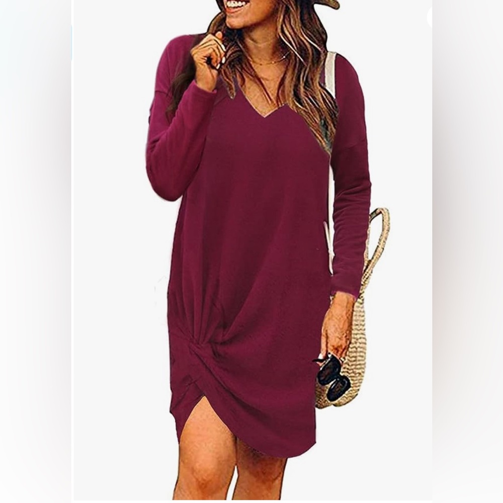 NEW Casual Tunic V-neck Pullover Long Sleeve Sweater Dress - Picture 2 of 9